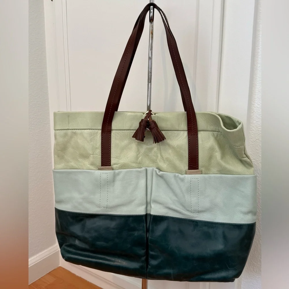 Maliparmi Tricolor Leather Tote in Mint, Sage and Dark Green with Brown Straps
